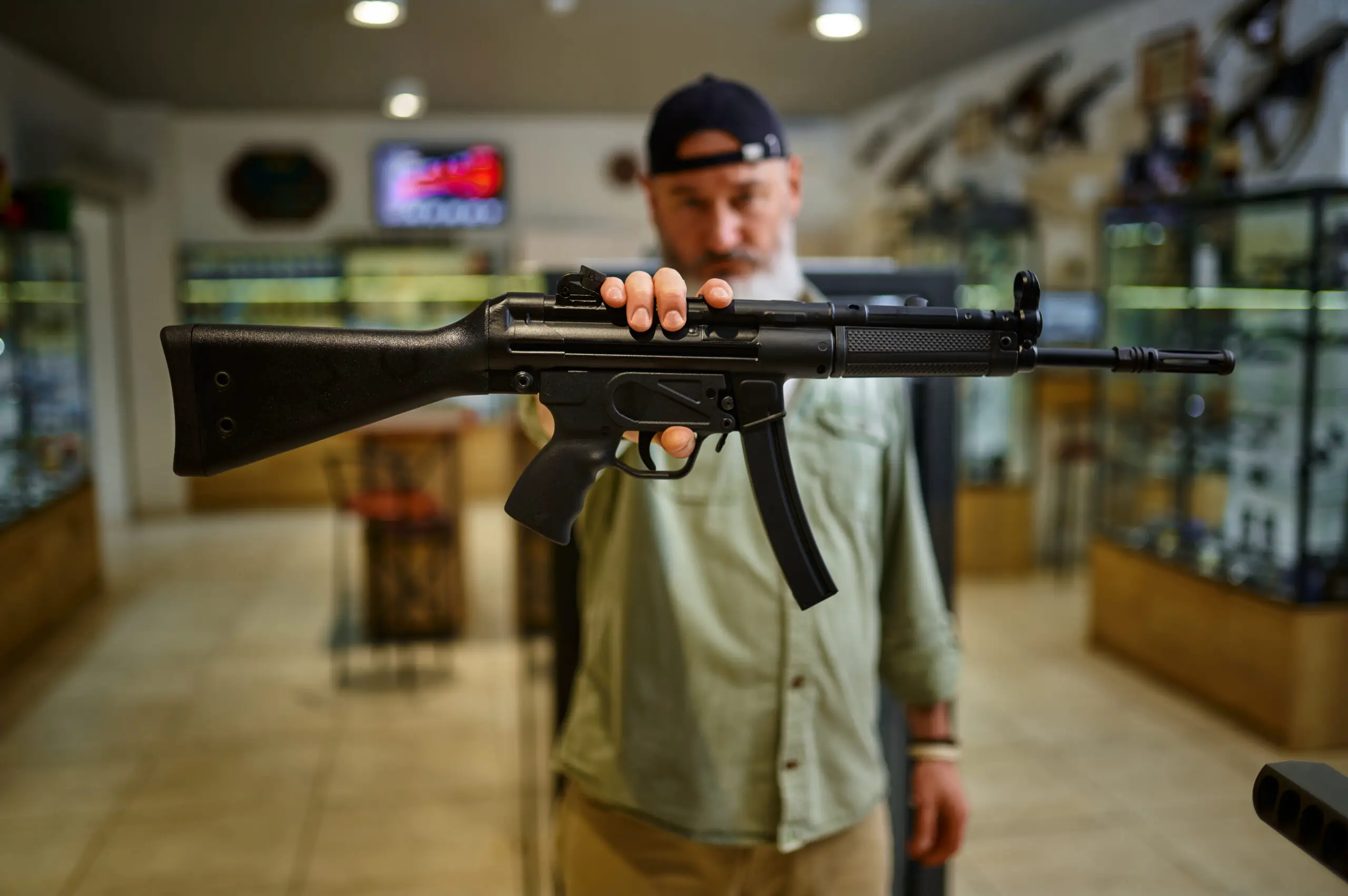 Male seller shows automatic rifle in gun store. Weapon shop interior, ammo and ammunition assortment, firearms choice, shooting hobby and lifestyle, self protection