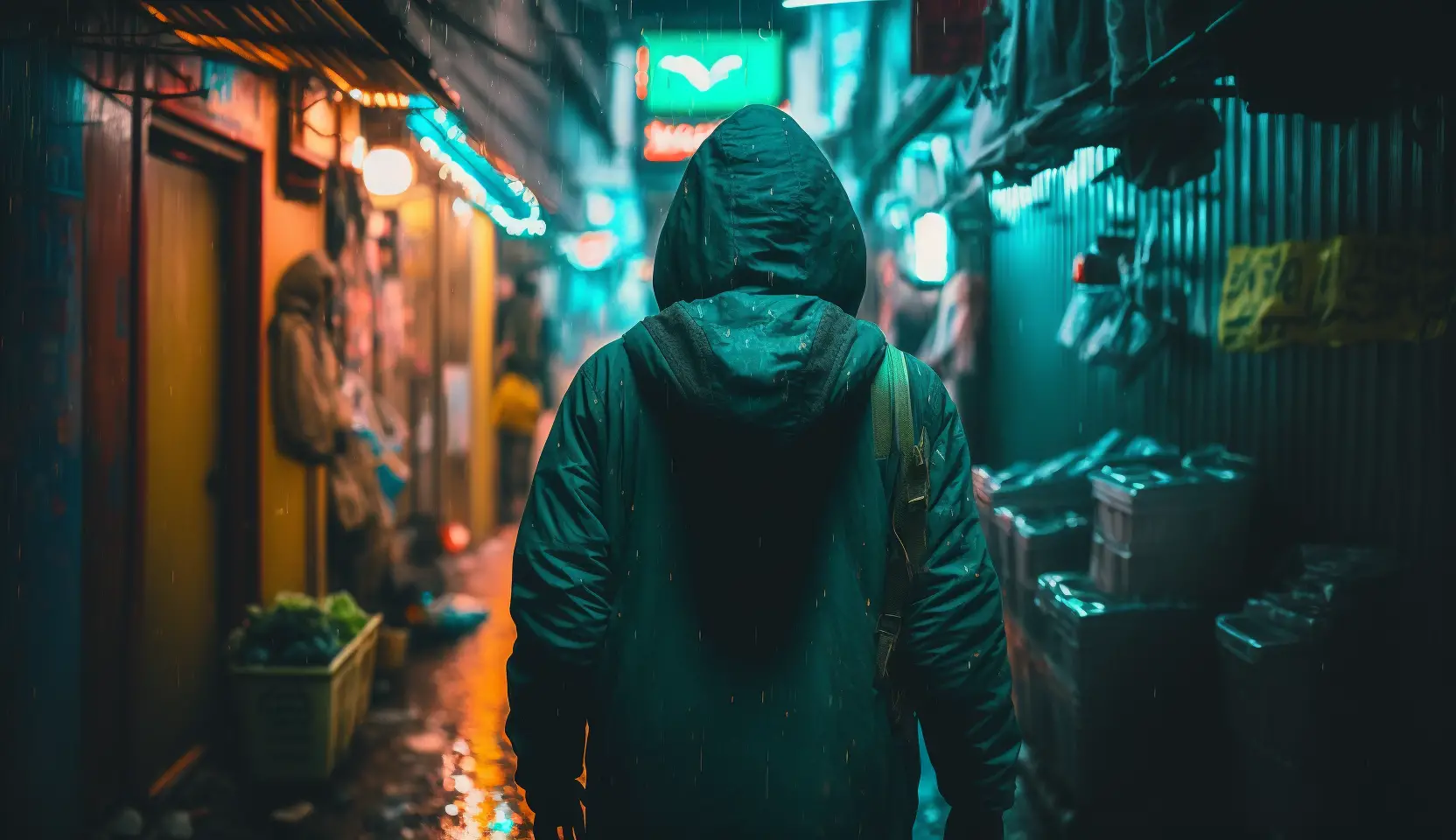 gray man in alley wearing a hoodie