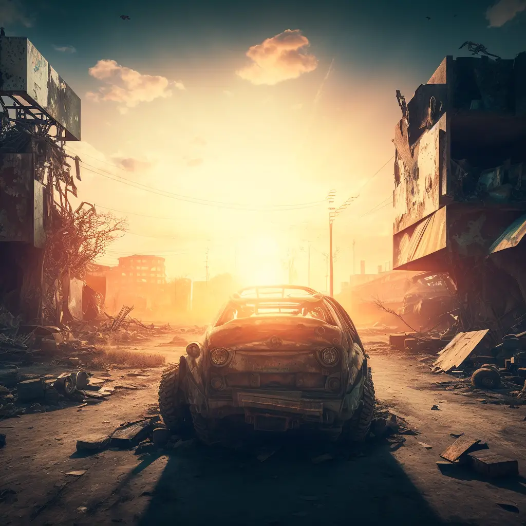 end of the world post apocalyptic scene with car and barren wasteland