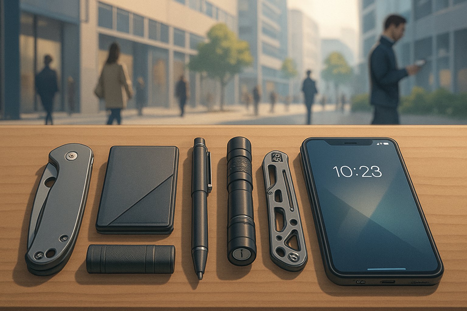 A flat lay of everyday carry items on a wooden surface with a blurred city background showing people walking.